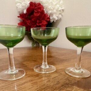 Vintage Green‎ Glass Cordial / Liqueur Glasses – Set of 3 – 1 oz Mini Coupes MCM